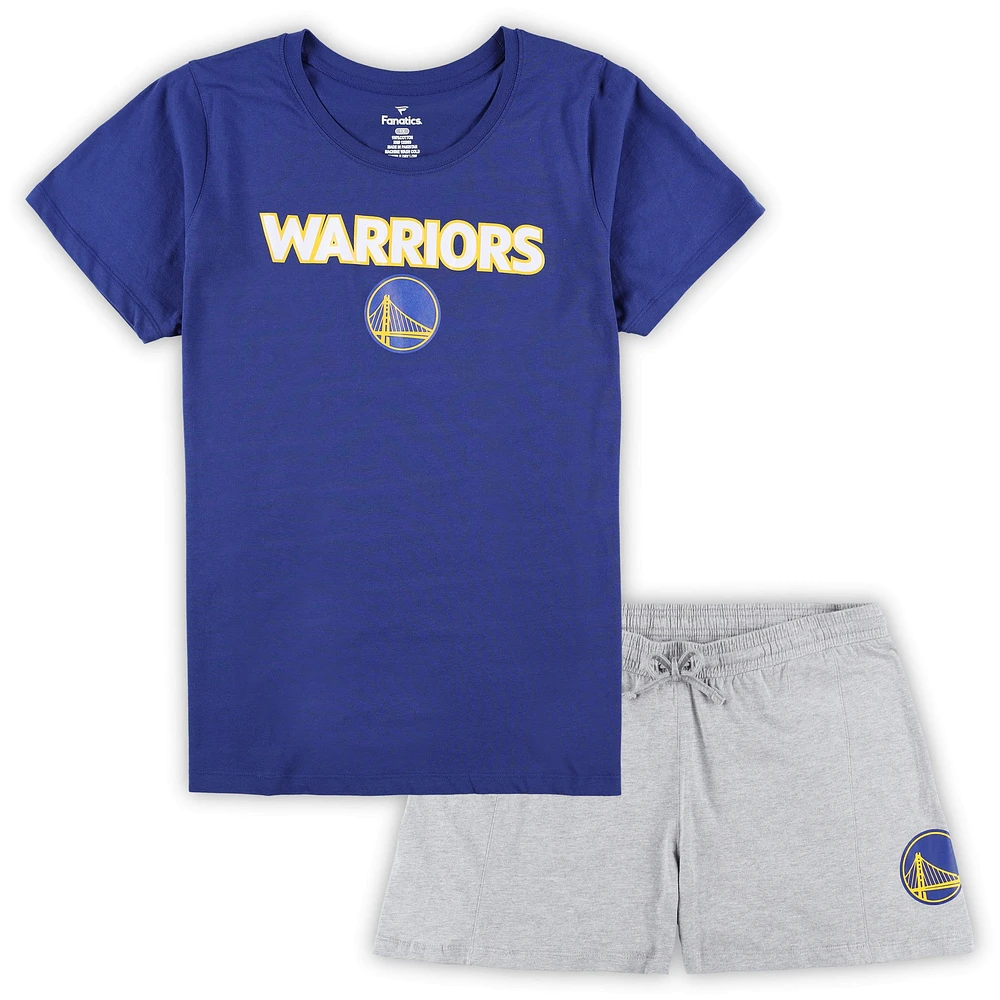 Ensemble combiné t-shirt et short grande taille Fanatics Royal/Heather Grey Golden State Warriors pour femmes