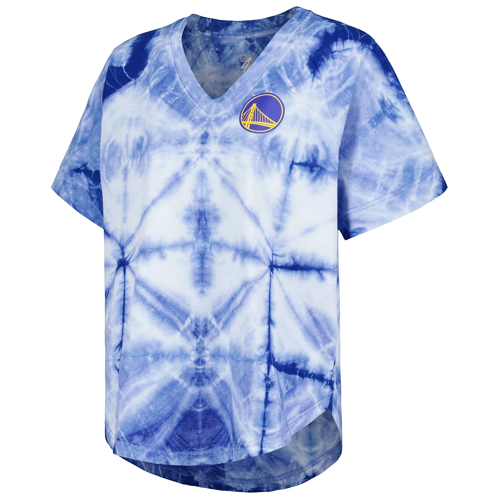 Women's G-III 4Her by Carl Banks Royal Golden State Warriors Tournament Raglan Oversized Tie-Dye V-Neck T-Shirt