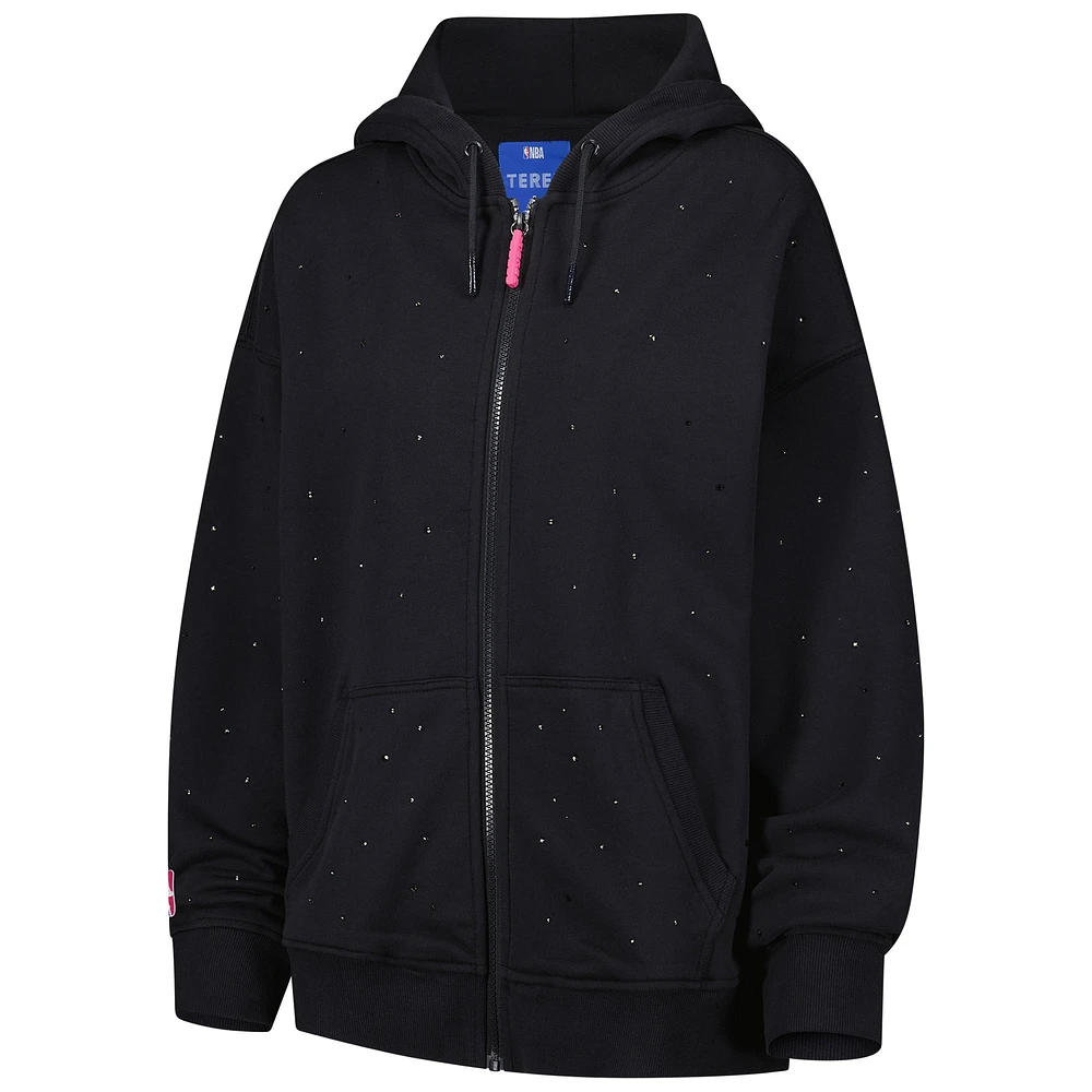Women's Terez Black Golden State Warriors Oversized Allover Gemstone Full-Zip Hoodie