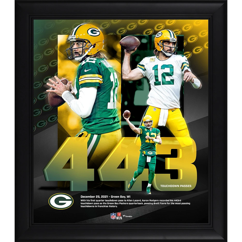 Collage encadré de 15" x 17" des records de passes de touchdowns de la franchise des Packers de Green Bay par Aaron Rodgers