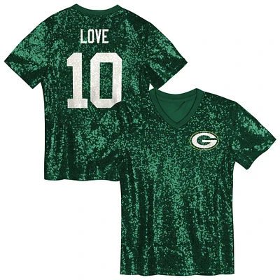 Maillot à paillettes col en V pour filles Jordan Love Green Bay Packers
