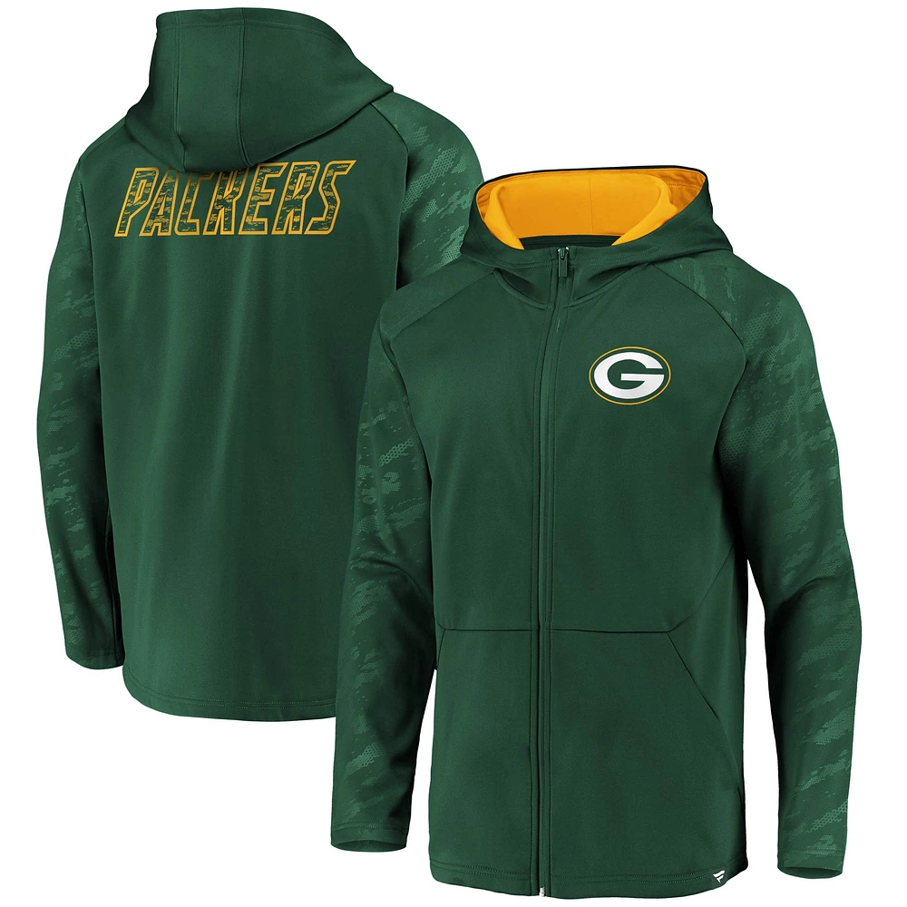 Sweat à capuche avec fermeture éclair intégrale Defender Green Bay Packers Iconic Embossed de marque Fanatics pour homme