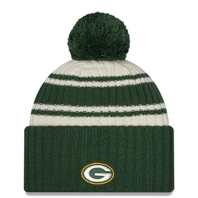 Homme New Era Crème/Vert Green Bay Packers 2022 Sideline - Tuque Sport en tricot à revers avec pompons