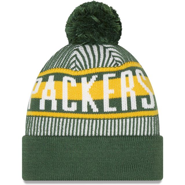 Green Bay Packers New Era pour homme à rayures vertes - Bonnet en tricot à revers avec pompon