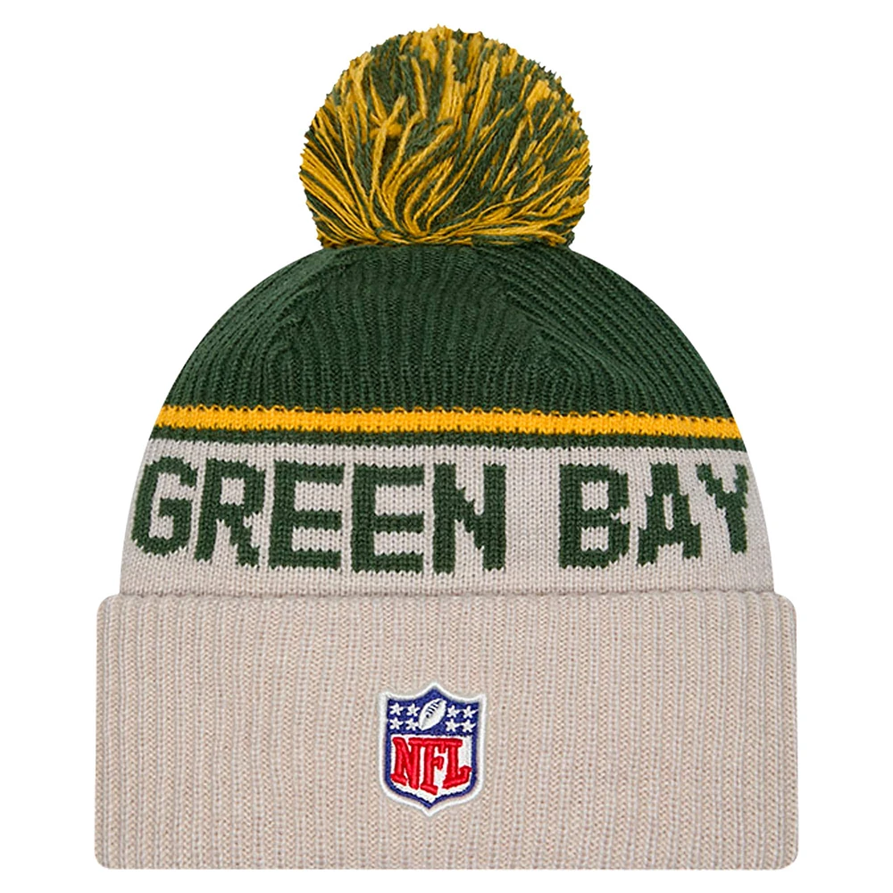 Men's New Era Stone Green Bay Packers Sideline Historic Cuffed Knit Hat with Pom