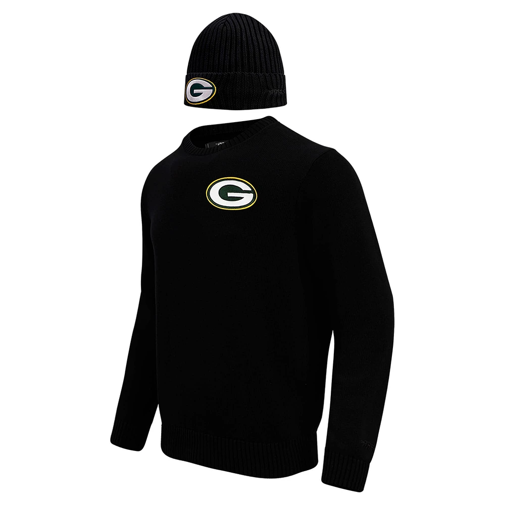 Men's Pro Standard Black Green Bay Packers Crewneck Pullover Sweater & Cuffed Knit Hat Box Gift Set