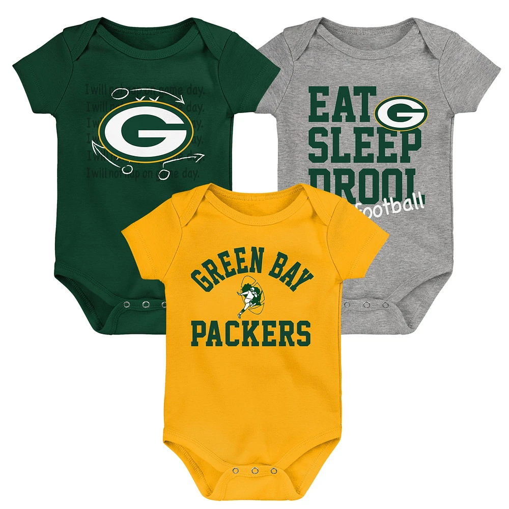 Newborn & Infant Green/Gold/Heather Gray Green Bay Packers Three-Pack Eat, Sleep Drool Retro Bodysuit Set
