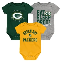 Newborn & Infant Green/Gold/Heather Gray Green Bay Packers Three-Pack Eat, Sleep Drool Retro Bodysuit Set