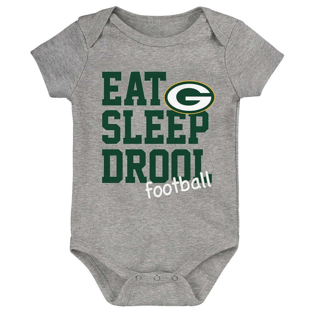 Newborn & Infant Green/Gold/Heather Gray Green Bay Packers Three-Pack Eat, Sleep Drool Retro Bodysuit Set