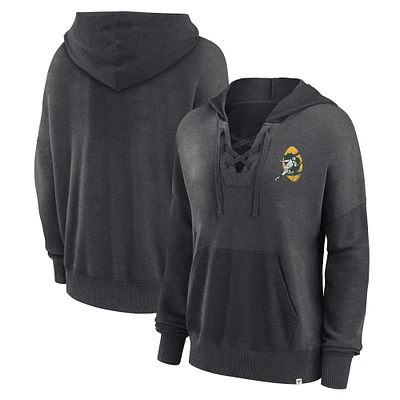 Women's Fanatics Heather Charcoal Green Bay Packers Heritage Snow Wash French Terry Lace-Up Pullover Hoodie