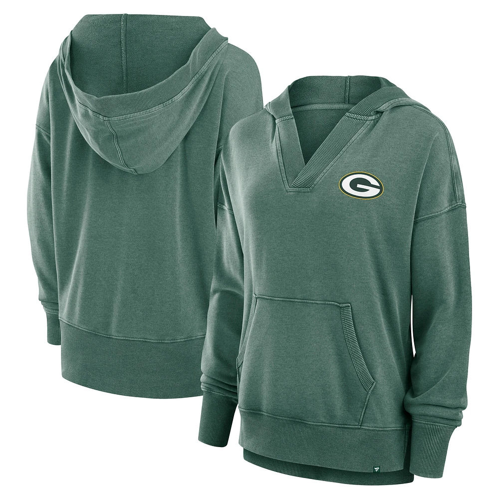 Women's Fanatics Heather Green Bay Packers Initiative Snow Wash French Terry V-Neck Pullover Hoodie