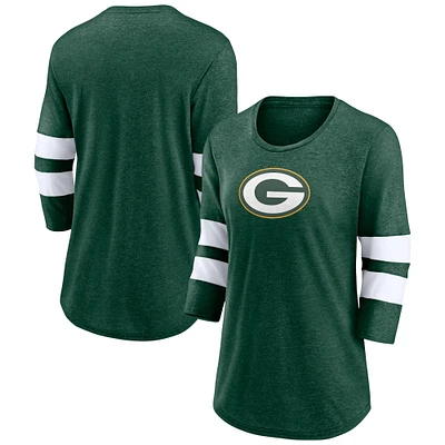 T-shirt à col rond et manches 3/4 avec logo principal Fanatics Heathered Green Bay Packers pour femmes