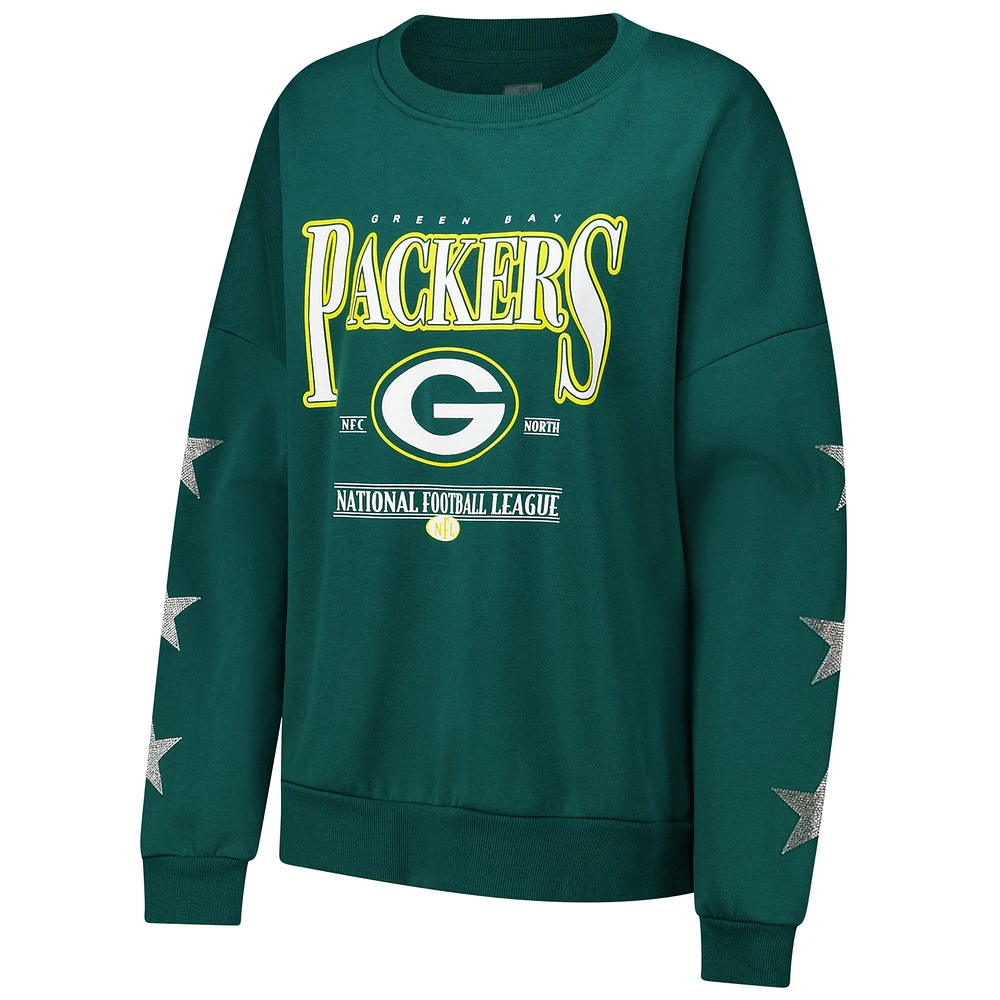 Women's Gameday Couture Green Bay Packers Rhinestone Star Sleeve Settle the Score Tri-Blend Pullover Sweatshirt