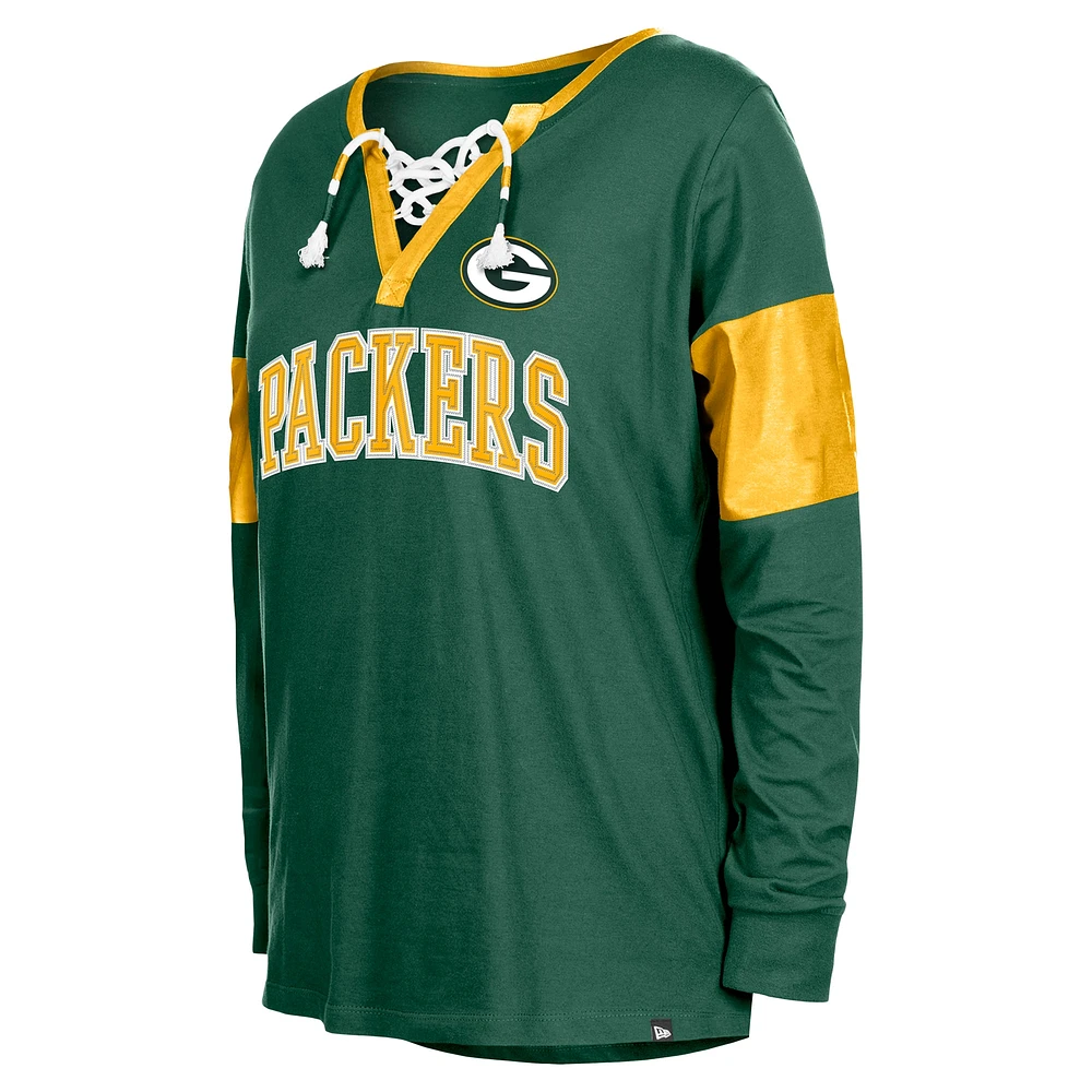 Women's New Era Green Bay Packers Lace-Up Notch-Neck Long Sleeve T-Shirt