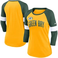 Women's Nike Green Bay Packers Heather Gold/Heather Football Pride Raglan 3/4-Sleeve T-Shirt