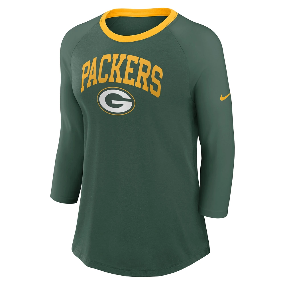 Women's Nike Green Bay Packers Raglan 3/4 Sleeve T-Shirt
