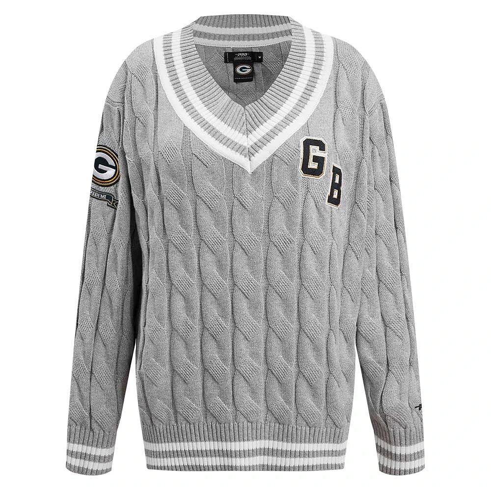 Women's Pro Standard  Heather Gray Green Bay Packers Prep V-Neck Pullover Sweater