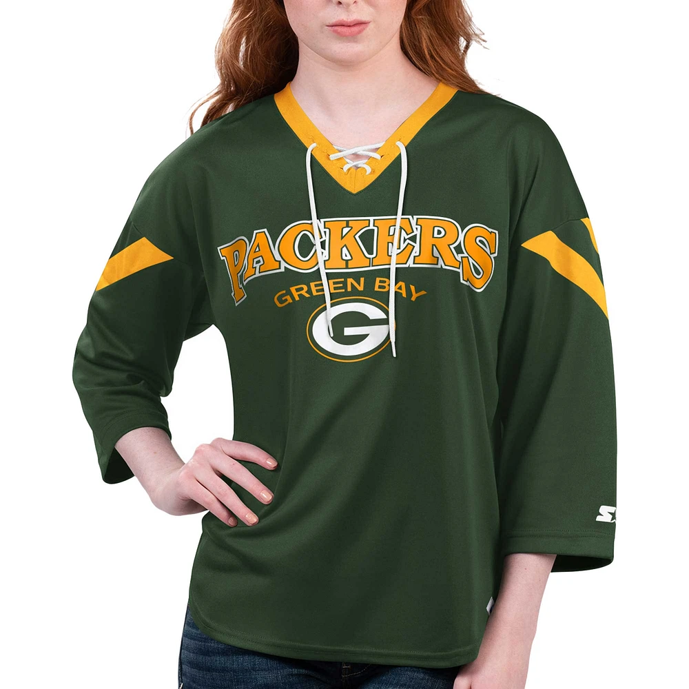 T-shirt à manches 3/4 lacets pour femme Starter Green Bay Packers Rally