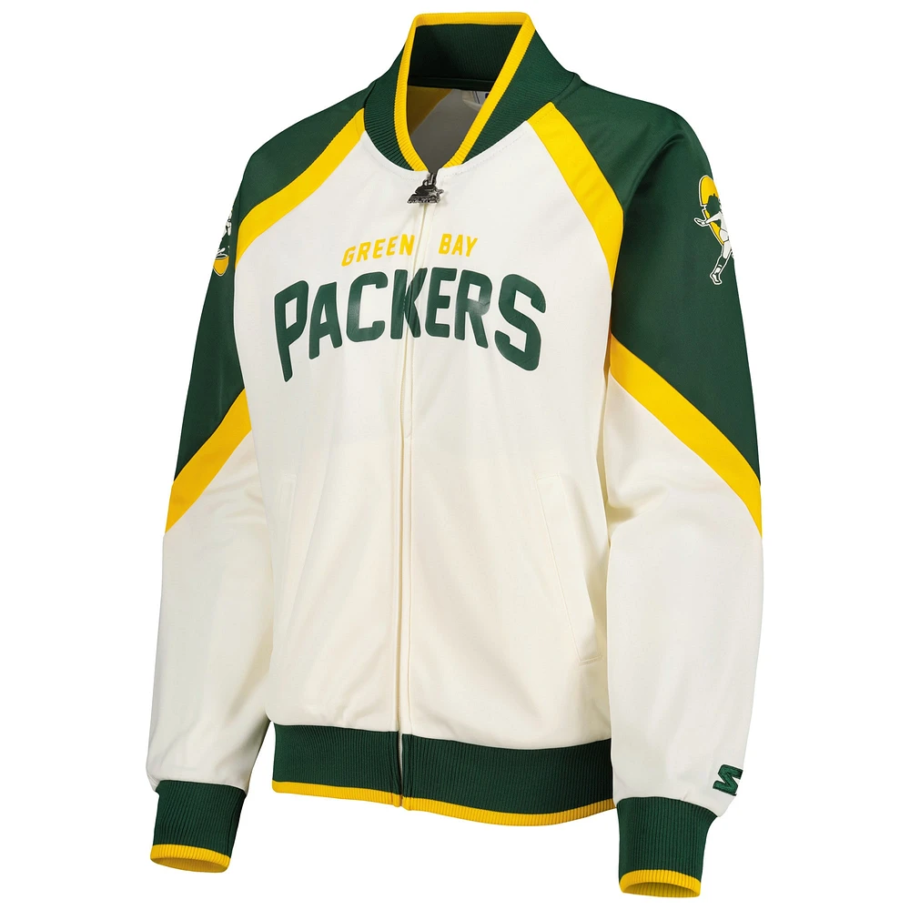 Women's Starter White/Green Green Bay Packers Overtime Raglan Full-Zip Track Jacket