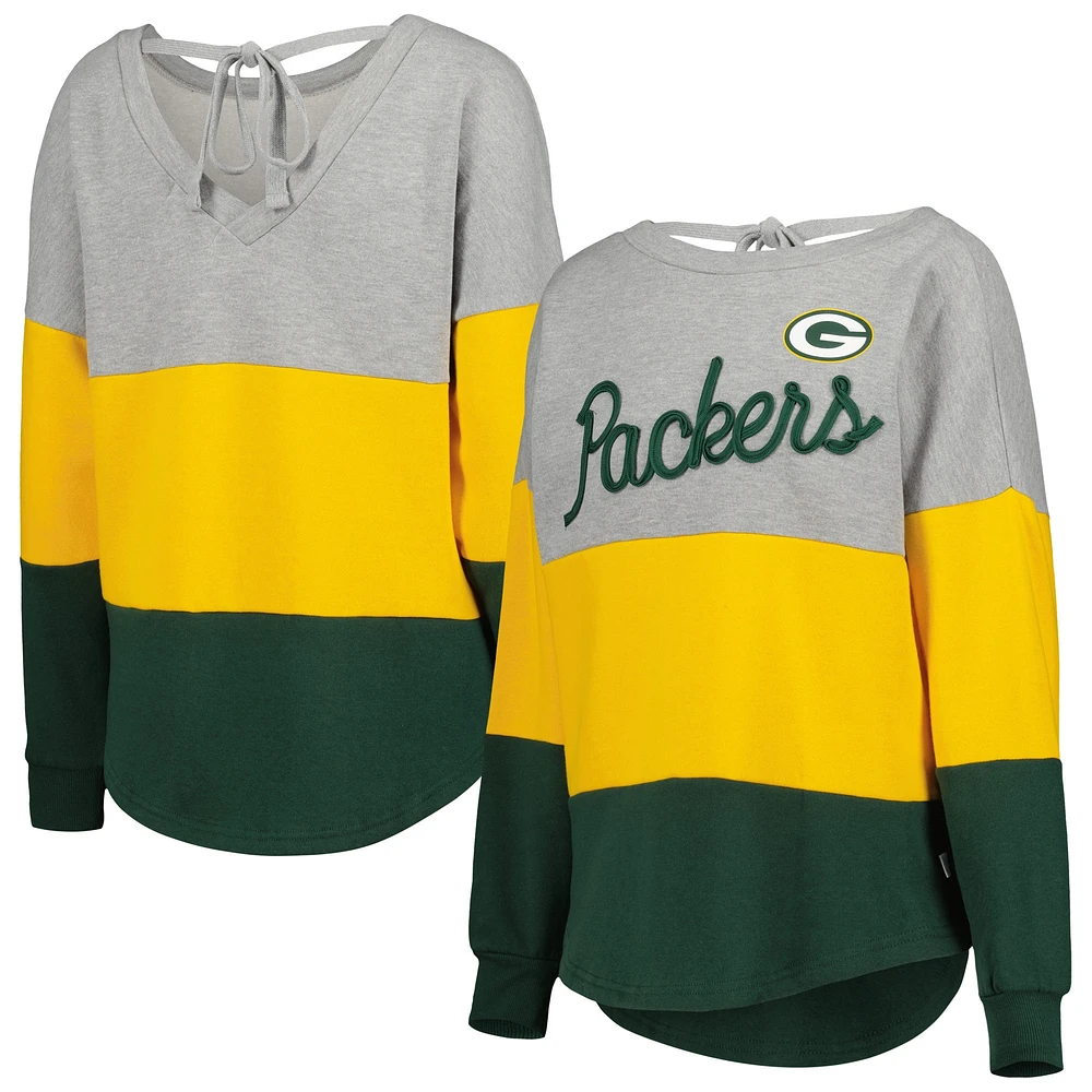 Touch Heather Grey/Green Green Bay Packers Outfield Deep V-Back Waist Length Pullover Sweatshirt pour femme