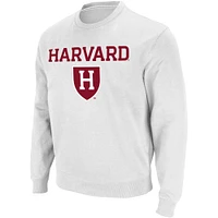 Men's Colosseum White Harvard Crimson Team Arch & Logo Tackle Twill Pullover Sweatshirt
