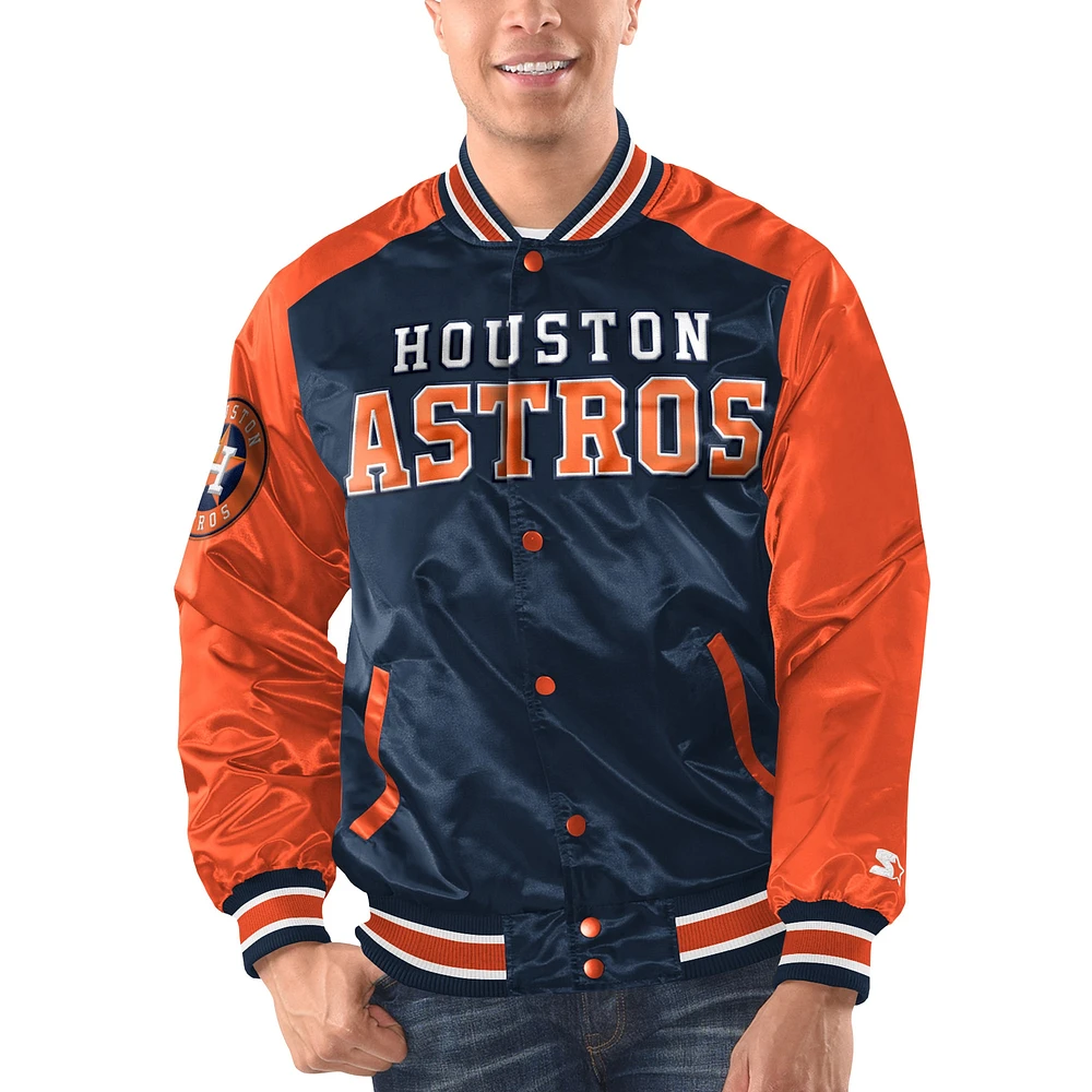 Veste starter à bouton-pression en satin pour hommes, bleu marine/orange, Houston Astros Varsity