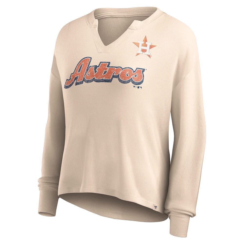Women's Fanatics Cream Houston Astros Go For It Waffle Knit Long Sleeve Notch Neck T-Shirt