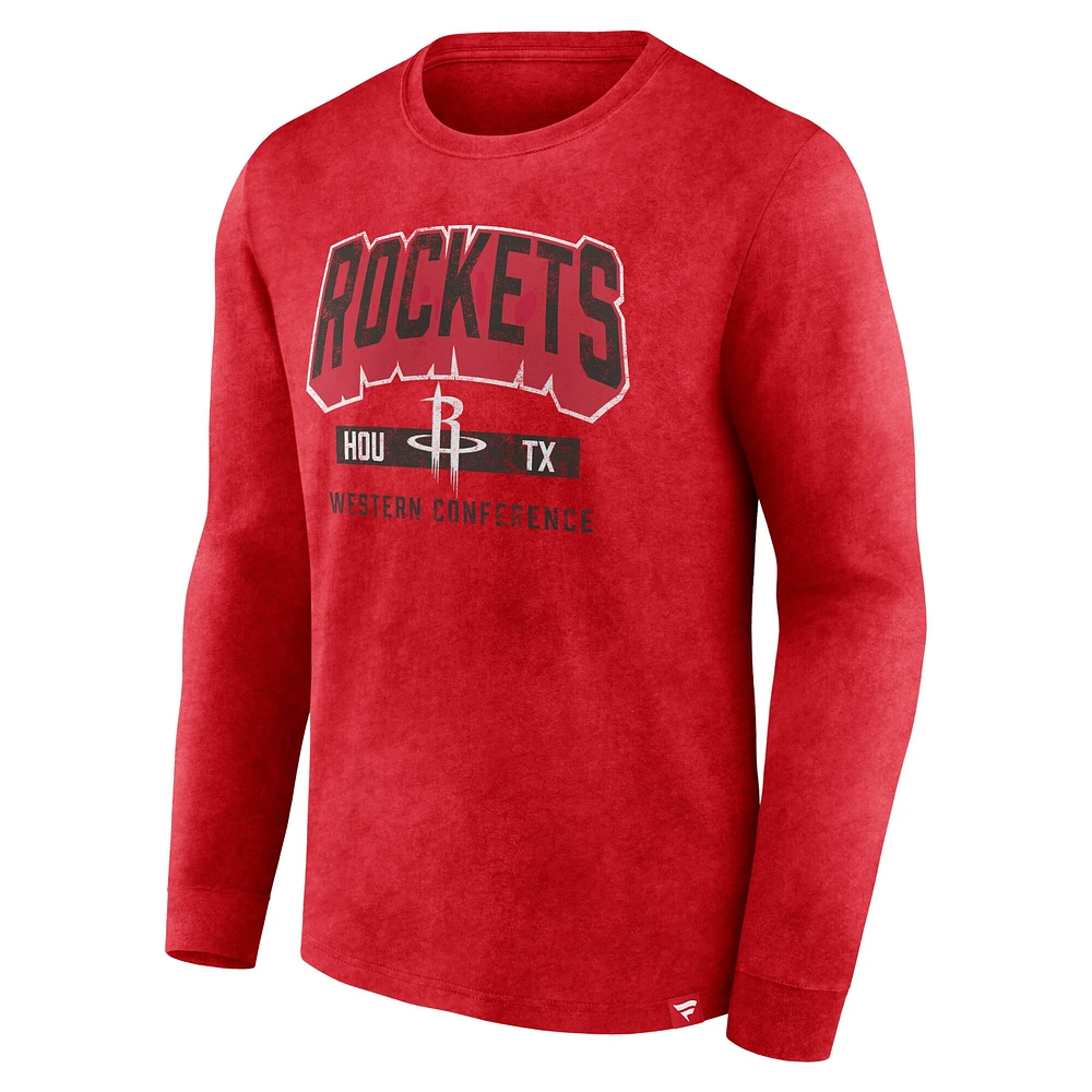 T-shirt à manches longues Fanatics Heather Red Houston Rockets Front Court Press Snow Wash pour hommes