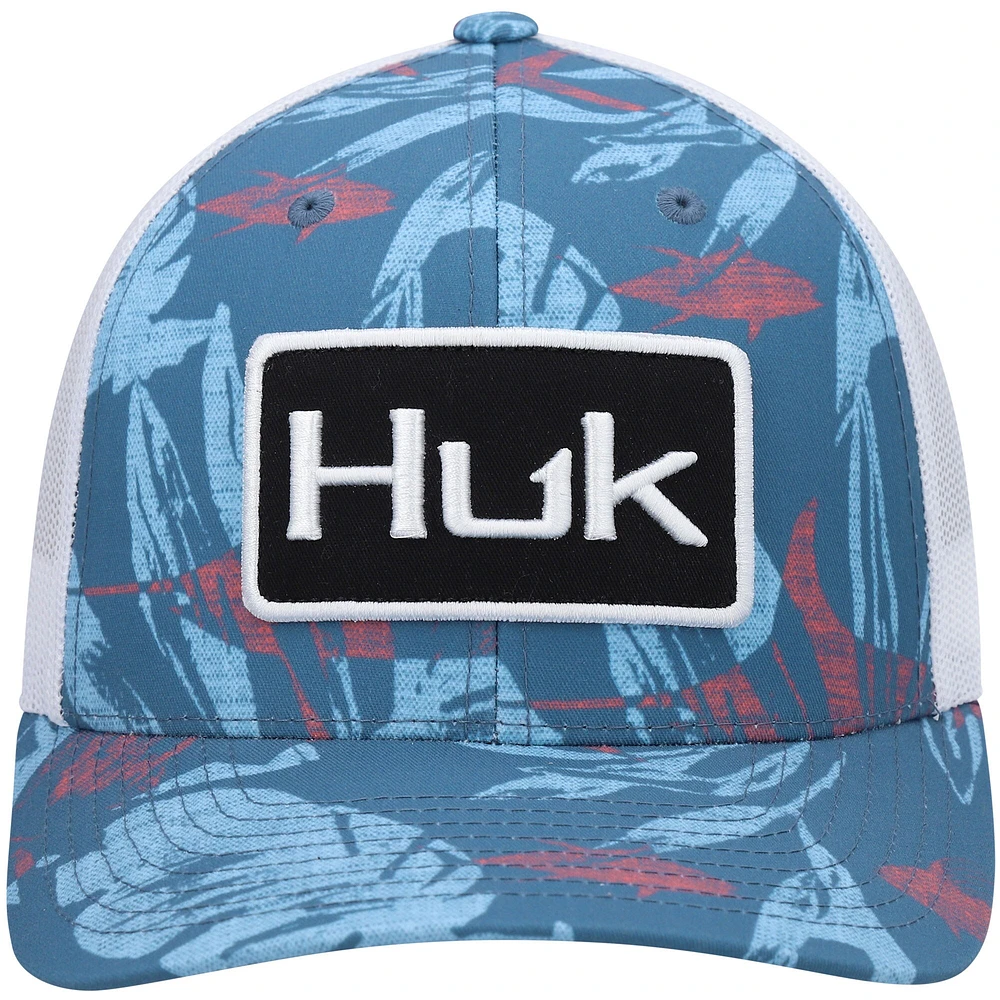 Men's Huk Blue Ocean Palm Trucker Logo Snapback Hat