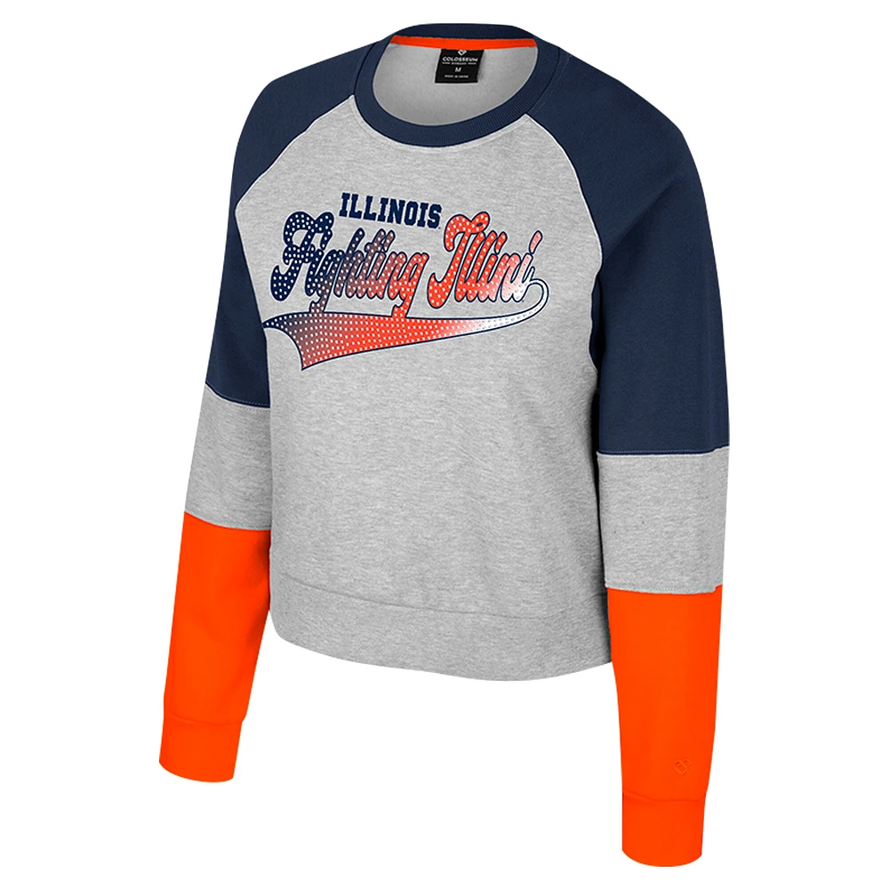 Sweat-shirt à col rond et strass Katinka pour femme Colosseum Heather Gray Illinois Fighting Illini