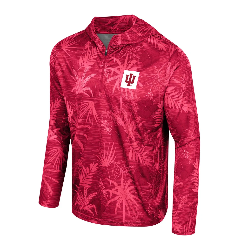 Men's Colosseum Crimson Indiana Hoosiers Palms Printed Lightweight Quarter-Zip Hooded Top