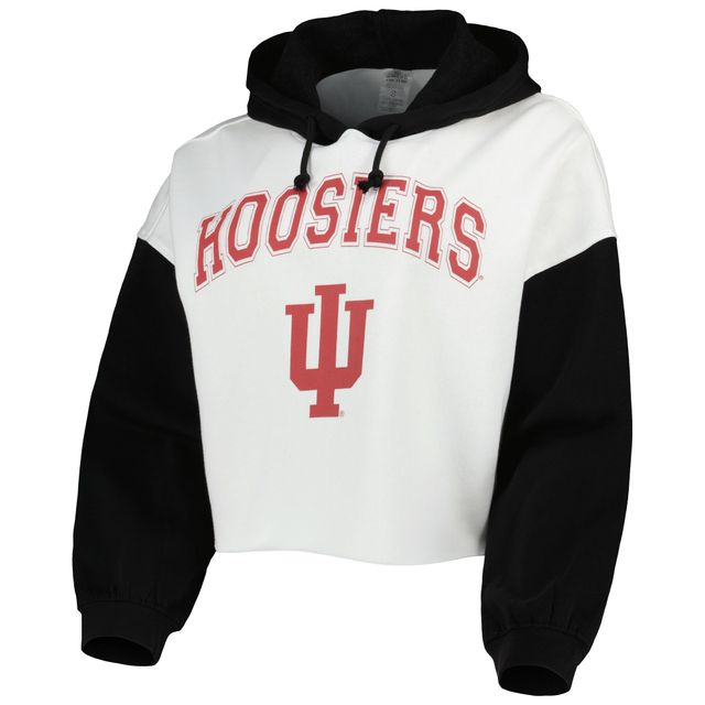 Sweat à capuche court avec blocs de couleurs Indiana Hoosiers Good Time Gameday Couture pour femme, blanc/noir