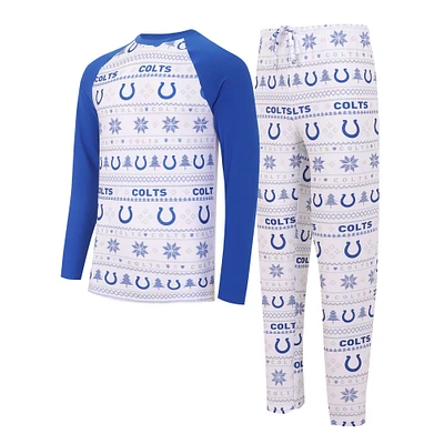 Ensemble de nuit Concepts Sport blanc/Royal Indianapolis Colts Tinsel T-shirt à manches longues et pantalon raglan pour hommes
