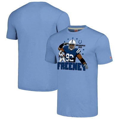 T-shirt triple mélange hommage à Dwight Freeney pour hommes, bleu clair, caricature des Colts d'Indianapolis, joueur retraité