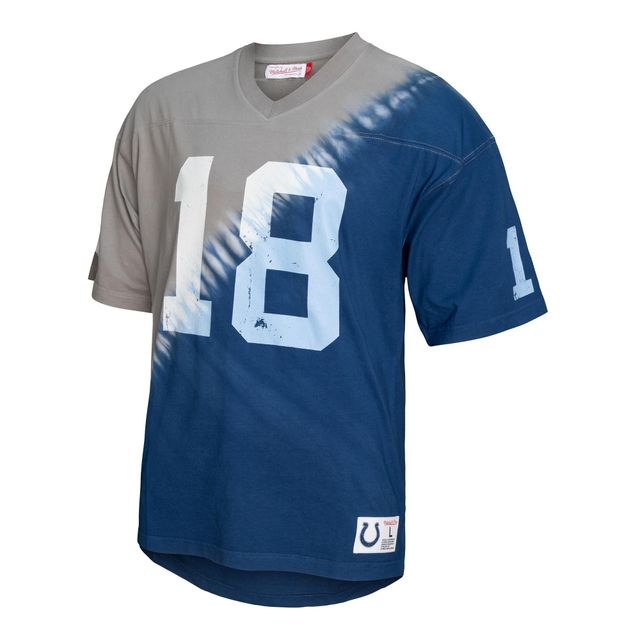 Hommes Mitchell & Ness Peyton Manning Royal/Gris Indianapolis Colts Nom et numéro du joueur à la retraite Teinture diagonale tie-dye - T-shirt encolure en V