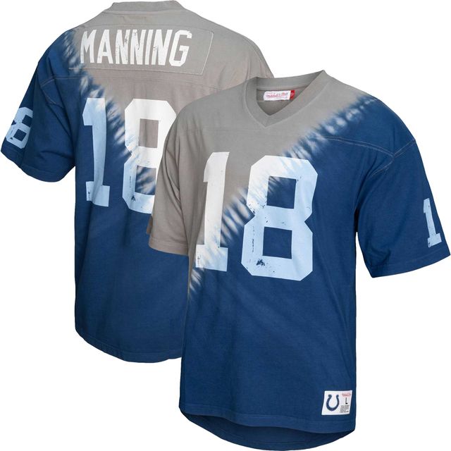 Hommes Mitchell & Ness Peyton Manning Royal/Gris Indianapolis Colts Nom et numéro du joueur à la retraite Teinture diagonale tie-dye - T-shirt encolure en V