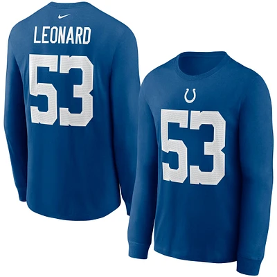 T-shirt Nike Shaquille Leonard Royal Indianapolis Colts avec nom et numéro de joueur à manches longues pour homme