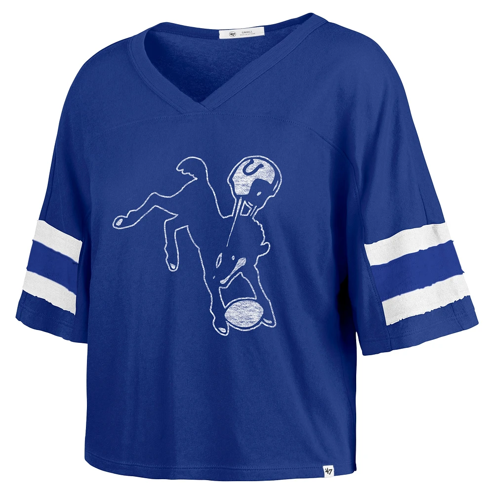 Women's '47 Royal Indianapolis Colts  Double Header Scout Cropped V-Neck T-Shirt