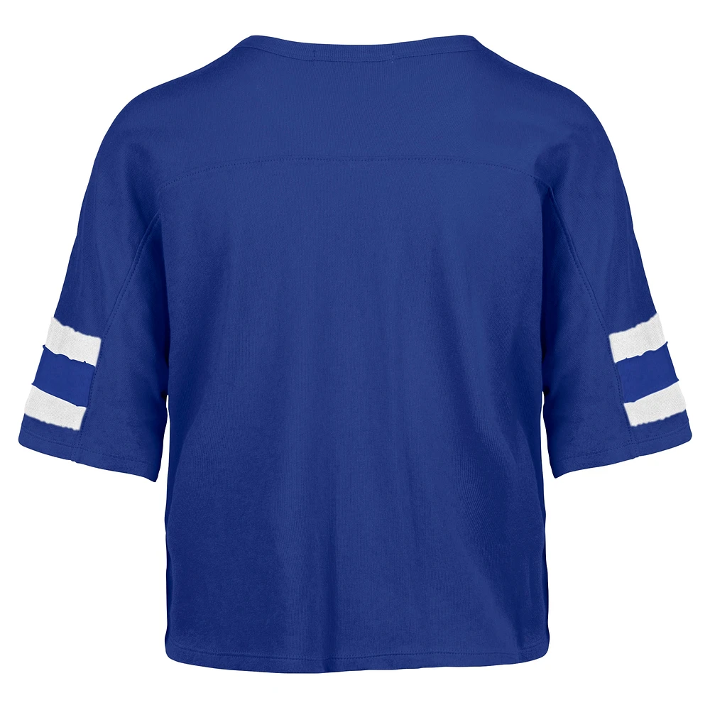 Women's '47 Royal Indianapolis Colts  Double Header Scout Cropped V-Neck T-Shirt