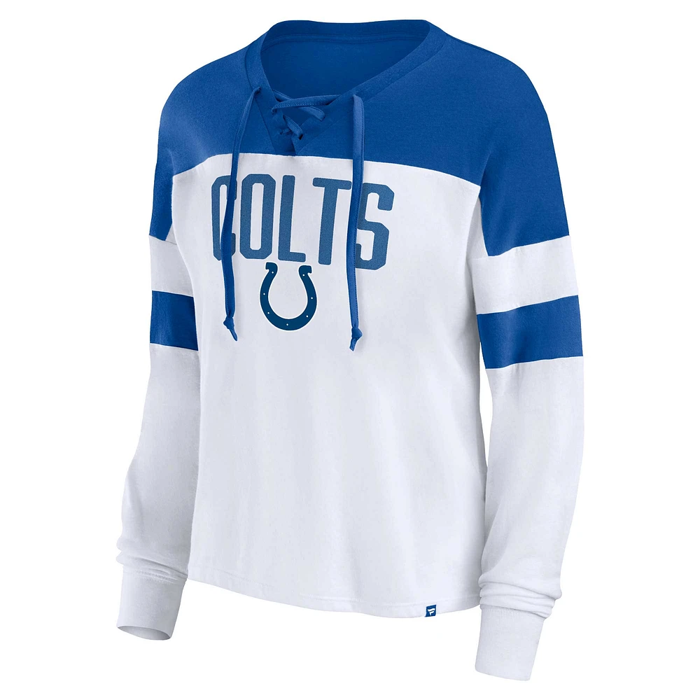 Women's Fanatics White/Royal Indianapolis Colts Plus Even Match Lace-Up Long Sleeve V-Neck Top
