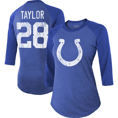 Majestic Threads pour femmes Jonathan Taylor Royal Indianapolis Colts Nom et numéro du joueur Raglan Tri-Blend T-shirt à manches 3/4