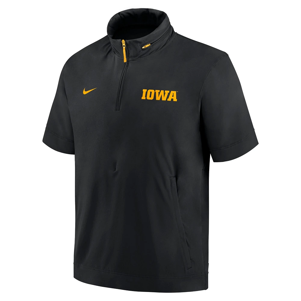Men's Nike Black Iowa Hawkeyes 2024 Sideline Coach Short Sleeve Half-Zip Hoodie Jacket