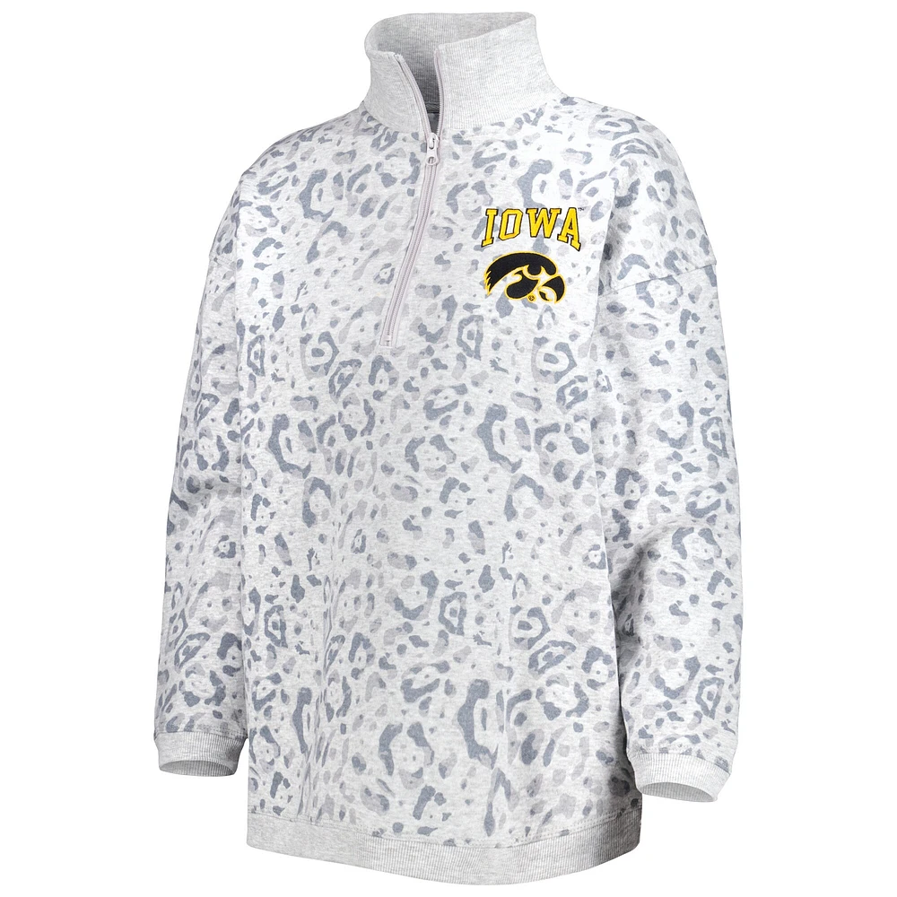 Women's Gameday Couture Heather Gray Iowa Hawkeyes Leopard Quarter-Zip Sweatshirt