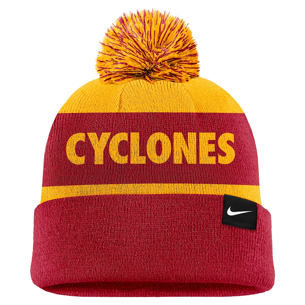 Men's Nike Gold/Crimson Iowa State Cyclones Peak Stripe Cuffed Knit Hat with Pom