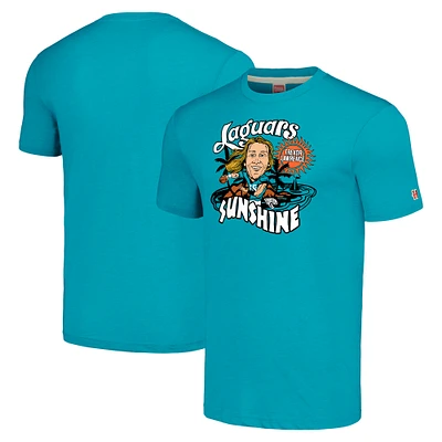 T-shirt à trois mélanges pour hommes, hommage Trevor Lawrence, bleu sarcelle chiné, joueur de caricature des Jaguars Jacksonville