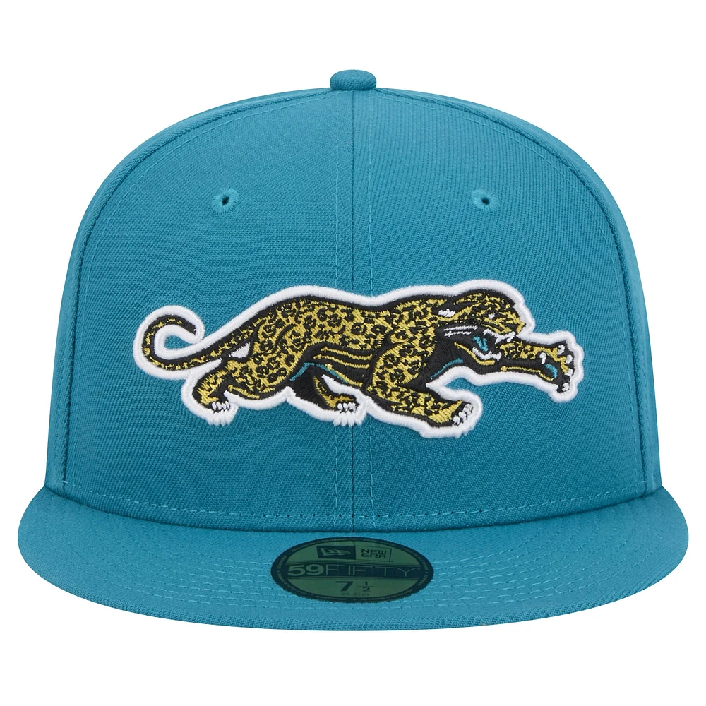Casquette ajustée New Era pour hommes des Jacksonville Jaguars Throwback Crawl Omaha 59FIFTY bleu sarcelle
