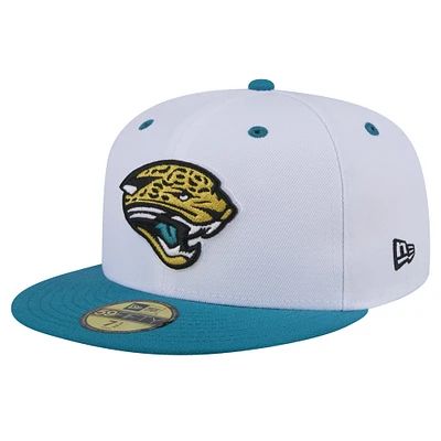 Casquette ajustée 59FIFTY bicolore avec logo Flipside New Era pour hommes, blanc/bleu sarcelle, Jacksonville Jaguars Throwback