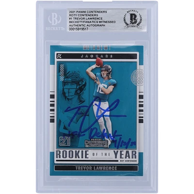 Carte de recrue authentifiée signée Trevor Lawrence Jacksonville Jaguars Panini Contenders ROTY Contenders 2021 #ROY-TLR Beckett Fanatics avec l'inscription « NFL Debut 9/12/21 »