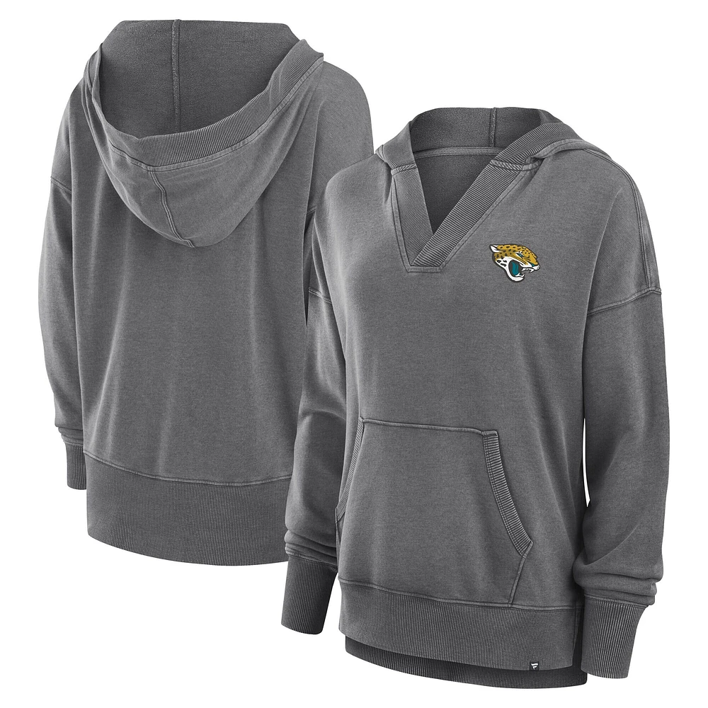 Women's Fanatics Heather Charcoal Jacksonville Jaguars Initiative Snow Wash French Terry V-Neck Pullover Hoodie