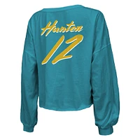 Women's Majestic Threads Travis Hunter Teal Jacksonville Jaguars 2025 NFL Draft First Round Pick Off-Shoulder Script Name & Number V-Neck T-Shirt